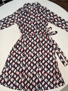 Pure Collection Navy, White & Red Geometric Wrap Midi Dress